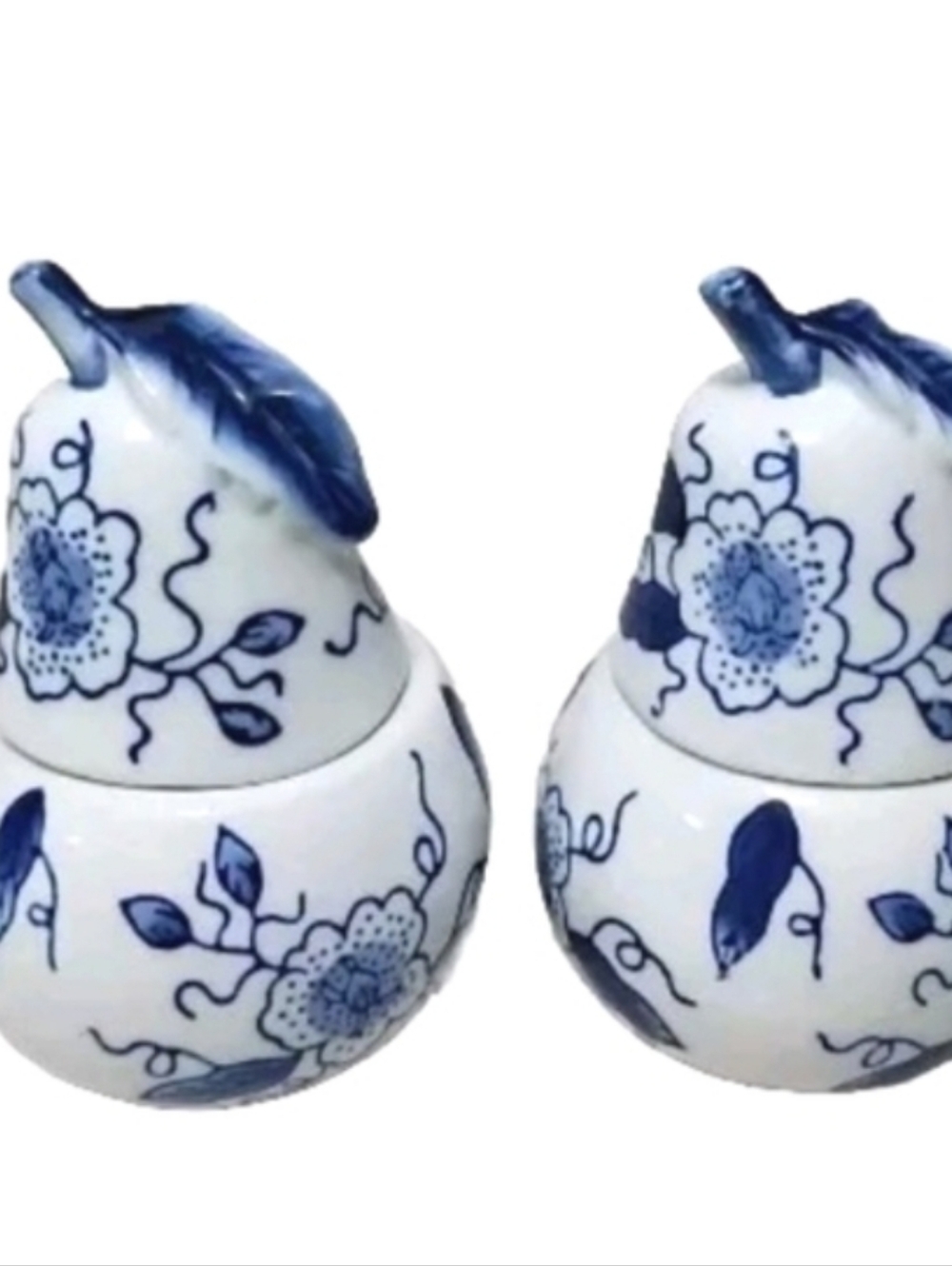 Vintage Bombay Floral Ceramic Pear Candle Holder Blue and White Pair